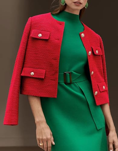 Cropped Tweed Blazer Jackets for Women Elegant Slim Collarless Business Casual Outfits3