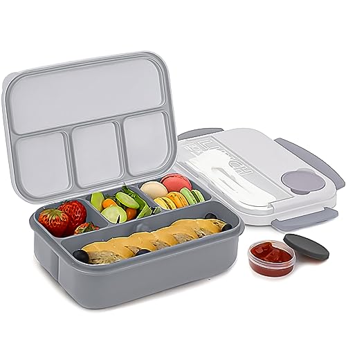 Bugucat Lunch Box 1300ML, Kids Adult Bento Box with 4 Compartments and Tableware, Reusable Food Container for School Work and Travel, Lunch Containers Microwave & Dishwasher, BPA Free (Grey)