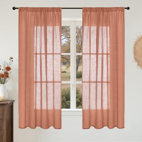 Image of BGment Terracotta Linen Curtains 63 Inches Long for Living Room Windows, Semi Sheer Drapes Rustic Textured for Farmhouse Bedroom Decor with Rod Pocket Lightweight, 2 Panels Set, Each 42 Inch Wide