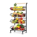 WXJJZM 4 Tier Fruit Vegetable Storage Basket Rolling Cart with Handle and Wheels Trolley Cart for Kitchen Storage Organization