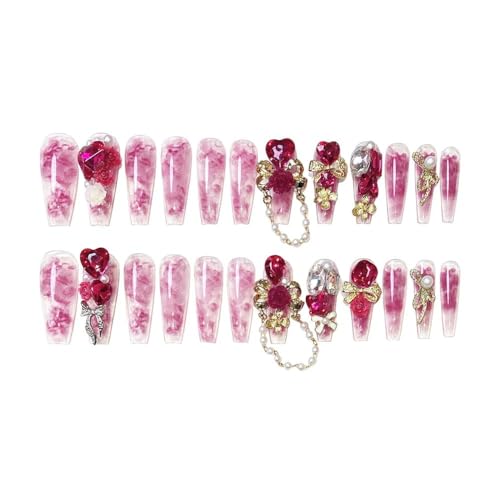 24 Uds Uñas Postizas Artificiales Largas Rosa Brillante Flor Amor Corazón Lazos Decoración Prensa En Las Uñas Manicura Bricolaje