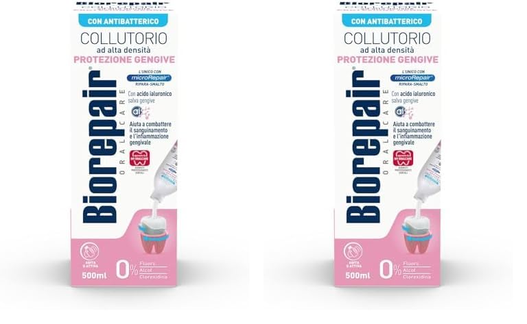 Biorepair, Enjuague bucal de alta densidad, protección contra sangrado de encías, con ácido hialurónico y zinc, antibacteriano, sin flúor, alcohol y clorhexidina, 500 ml (Paquete de 2)