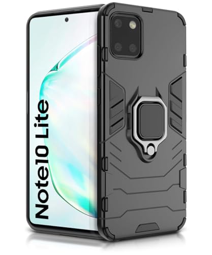 Image of WOW IMAGINE Shock Proof Back Case Mobile Cover for Samsung Galaxy Note 10 Lite (Armor | Hybrid PC + TPU | Full Protection with Ring Holder Kickstand | Carbon Black)