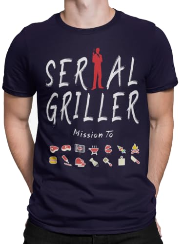 STAMPATEK Serial Griller-T-Shirt, Grill, Geschenkidee für Herren, witzig, kurzärmelig, mit Schriftzug, Blau Medium