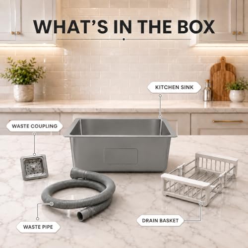 Image of Handmade Stainless Steel Kitchen Sink 18x16 Inch | Single Bowl Sink with Fruit Drain Basket | With SS Waste Coupling & PVC Pipe | Heavy Gauge Kitchen Sink