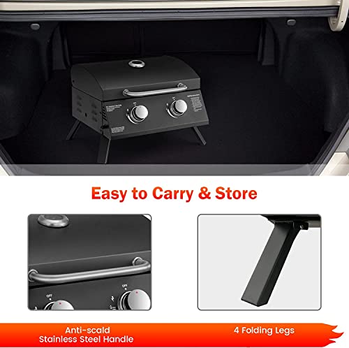 Yarro Portable Gas Grill, 20,000 Btu Tabletop Barbecue Grill With 2 Burners, Dual Temperature Control, Folding Legs, Built-In Thermometer, Propane Gas Grill For Rv Backyard Bbq Camping Patio, Black #TOP7