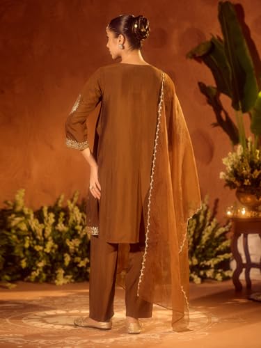 Image of FIORRA Women's Brown Viscose Chanderi Embroidered & Gota Patti Work Ethnic A-Line Kurta Set with Dupatta