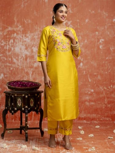 Image of VredeVogel Women's Silk Blend Embroidered Kurta Pant Set with Jacquard Dupatta | Modern & Traditional Blend Ethnic Wear Set