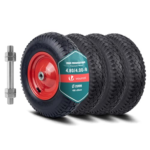 VOUNOT® Lot de 4 Roue Gonflable 4.80/4.00-8 Roue de Brouette 400x85mm avec Chambre à Air Alésage de 20 mm avec Axe Inclus et Roulements à Aiguilles pour...