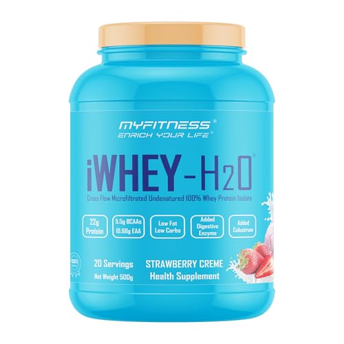 Image of Myfitness iWhey H2O | 88% Protein Per Serving | 100% Whey Protein Isolate | Added Colostrum | Added Digestive Enzymes | Whey Protein Powder (Strawberry Creme, 500g (20 servings))