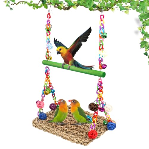 Image of Bird Swing Mat with Wood Perch, AHIER Seagrass Bird Hammock for Conures with Chewing Toy for Parakeets, Budgie, Cockatiel Cage Accessories (Green Pole)