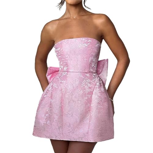 BNGD Women's Solid Color Bustier Backless Bow Dress Sexy Jacquard Strappy Mini Skirt
