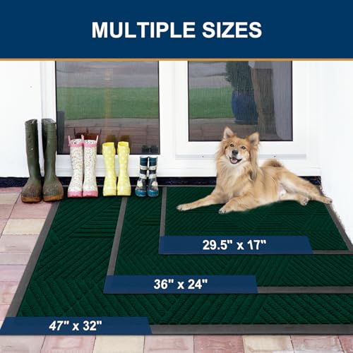 Image of Smiry Front Door Mat Outside Entrance, Heavy Duty Sturdy Natural Rubber Doormat, Trap Dirt and Moisture, Easy Clean Low Profile Welcome Floor Mats for Indoor Outdoor Entry, 35X23 Inch, Deep Green