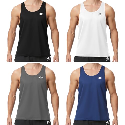 Camiseta sin Mangas para Hombre, para Entrenamiento atlético, de Secado rápido, con Espalda en Y,Gimnasio, Chaleco Muscular Paquete de 4: Negro, Azul Marino, Blanco y Gris L