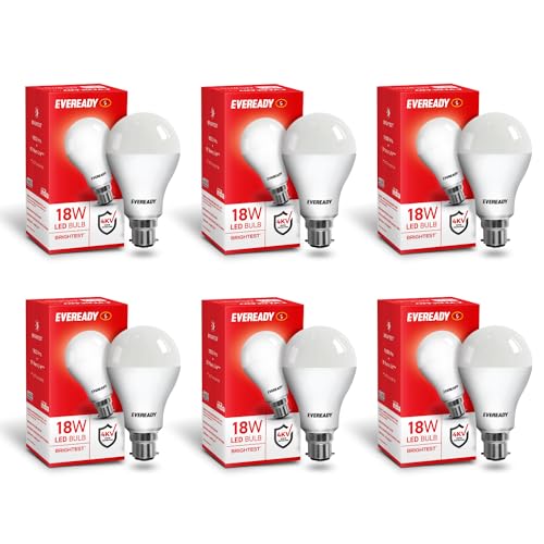 Eveready 18W LED Bulb | 1800 Lumen | 4KV Surge Protection | Long Life & Low Maintenance | BIS Certified | 1 Year Warranty | 100 Lumens Per Watt | Cool Day Light (6500K) | B22 | Pack of 6