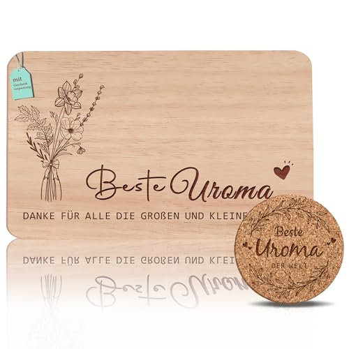Frühstücksbrettchen Uroma Geschenke Set | Brotzeitbrett mit Gravur | Mutter Geschenke Buchenholz | Geschenkidee ideal für Muttertag Geburtstags Weihnachten