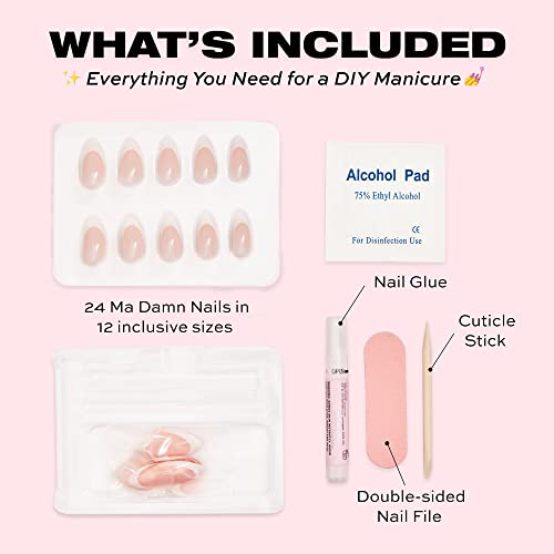 Glamnetic Press On Nails - Ma Damn | French Tip , Uv Finish Short Pointed Almond Shape, Reusable Semi-Transparent Nails In 12 Sizes - 24 Nail Kit With Glue #TOP4