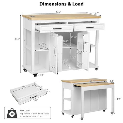 JIJIWANG 47 inch Kitchen Island On Wheels with Extendable Dining Table,Rolling Kitchen Island Cart with Internal Storage Rack and Power Outlet,Kitchen Island Table with Drawer & Shelves,White
