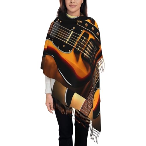 Écharpe sensation cachemire noire imprimé guitare pour un style chic et doux