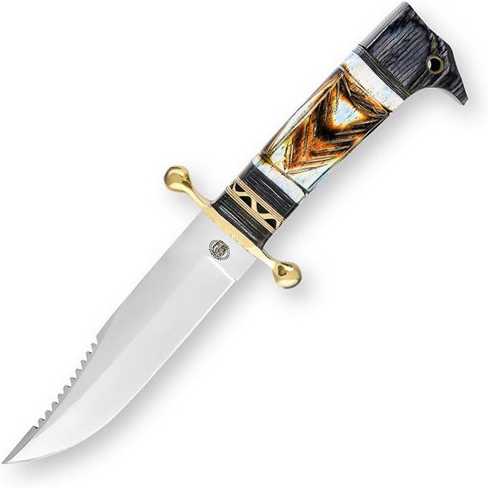 Stauer Blue Bone Bowie Knife, 10-Inch Overall Length, 420 Surgical Stainless Steel Blade, Genuine Natural Bone and Redwood Handle, Leather Sheath Included