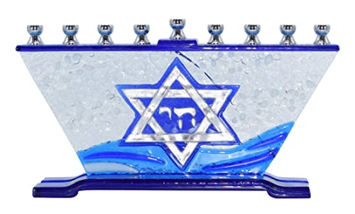 Ner Mitzvah Glass Hanukkah Menorah - Blue & White Traditional Star Chanukah Menorah - Handcrafted Painted Glass Menorah - Fits All Standard Chanukah Candles #TOP1
