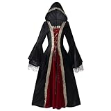 AGCOAH Women Medieval Renaissance Hooded Dress Adult Black Red Vintage Lace Trumpet Sleeves Witch Costume Halloween Victorian Cosplay 2XL