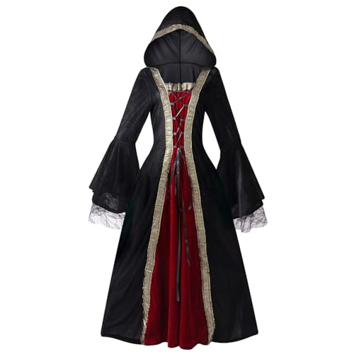 AGCOAH - Vestido con capucha medieval renacentista para mujer, para adultos, negro, rojo, clásico, con...