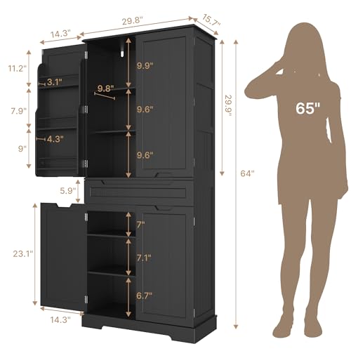 Gizoon 64" Tall Kitchen Pantry Cabinet with Doors and Shelves Large Stand Up Pantry Storage Cabinet with Drawer Large Food Cupboard for Kitchen Bathroom Craft Room, Black