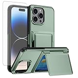 Asuwish Phone Case for iPhone 16 Pro 6.3 inch with Tempered Glass Screen Protector Wallet Hybrid Rugged Cell Cover Credit Card Holder Slot Hard Protective i Phone16 i16 16Pro Women Men Green