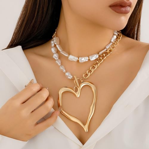 Y2k Large Heart Necklaces for Women Chunky Big Heart Pendant Necklace Exaggerated Layered Love Pearl Choker Necklace Set Dainty Statement Jewelry Gift4