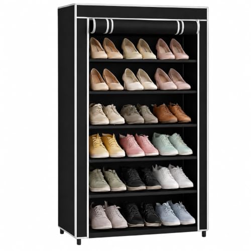 Image of 6 Layer Plastic Shoe Rack with Cover for Home & Bedroom (Black) | Space-saving 6 layer shoe rack for home