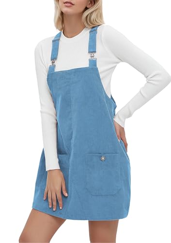 YUENIU Womens Corduroy Overalls Dress Casual Adjustable Straps Pinafore Dress Short Skirt with Pockets Blue L