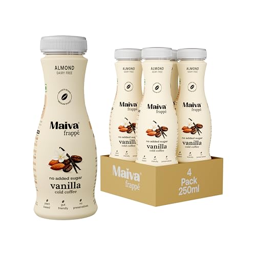 Maiva Frappé Cold Coffee – Vanilla | Arabica Beans, 5% Real Almonds | No Added Sugar | Monk Fruit Sweetened | Dairy Free, Vegan | 250ml (Pack of 4)