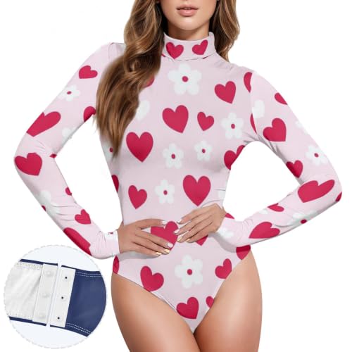 Body de manga larga para mujer con diseño botánico floral con corazón rojo rosa 2