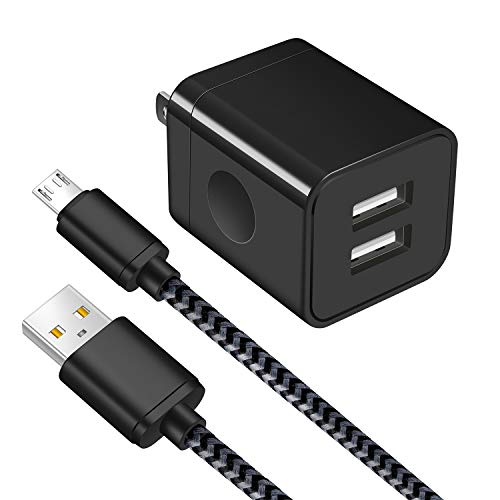 Android Charger, Power-7 Micro USB Cable Braided 6FT with USB Wall Charger Plug (2.1Amp) Charging Block kit Compatible with Samsung Galaxy S7/S6 Edge/S4/Note 5/J7, LG G4 G3, Moto, Tablets (Black)