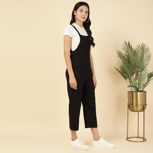 Image of DEEBACO Women's Solid Rayon Slub Lycra Calf Length Dungaree Jumpsuits For Women Stylish|Square Neck|Sleeveless|One Piece Western Dress For Woman|Ladies Dress|Party Casual Wear(Black)