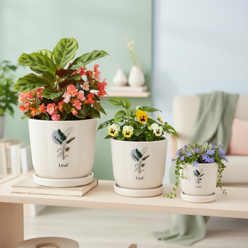 Image of Xtore Refreshing Botanical Ceramic Planter Set with Drainage Saucers | Decorative Planter Pots for Living Room & Modern Plant Display (Set of 3, Ivory Beige - Planters only)