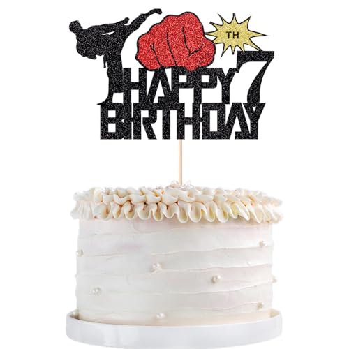 Karate 7th Cake Topper, Taekwondo theme Kung Fu Sport Cake Topper for baby shower birthday,Boy Girl 7th Karate Happy Birthday Party Supplies