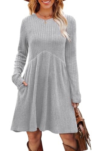 Image of OFEEFAN Long Sleeve Dress for Women Crew Neck Empire Waist Tunic Dress with Pockets