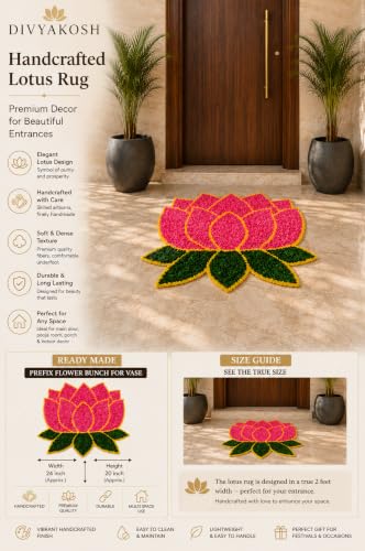 Image of Divyakosh Lotus Floor Mat 2 ft x 2 ft Artificial Grass Decorative Entrance Mat, Pink Lotus Rangoli for Home Entrance Temple Pooja Room Diwali Decoration Reusable Festival Decor