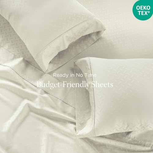 Image of Threadmill 300 Thread Count Cotton Full Sheet Set, Sateen, Jacquard, Ivory | 100% Cotton, Sateen Weave, Jacquard Pattern, 4-Piece Set, 16 inch Deep Pocket, Cooling, OEKO-TEX Certified, Machine Washable