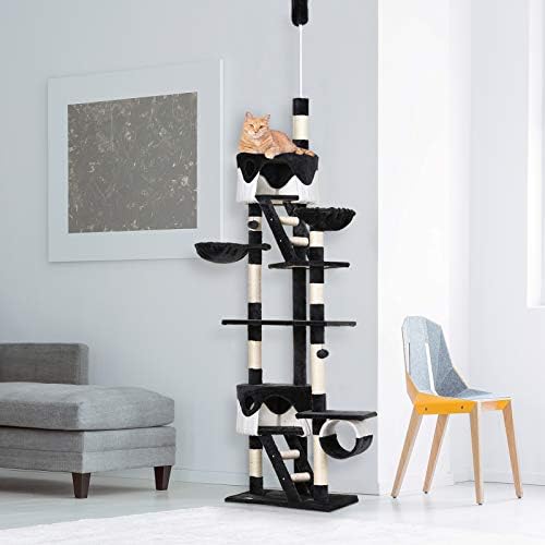 PawHut Floor To Ceiling Cat Tree For Indoor Cats Scratching Post Activity Centre Kitten Tree Scratch Scratcher Play Toy Climbing Tree Bed Multi Level 240-260cm Deep Grey