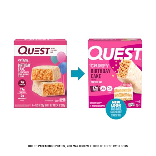 Image of Quest Nutrition Crispy Birthday Cake Protein Bar, 17g Protein, 1g Sugar, 2g Net Carbs, Gluten Free Protein Snack, Keto Friendly, 4 Count