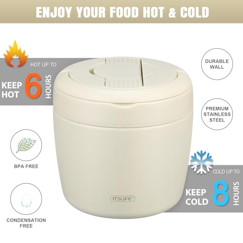 Image of Itslife 32oz Insulated Soup Thermo, Vacuum Stainless Steel Food Jar for Hot & Cold Food, Leakproof Wide Mouth Lunch Container with Spoon, White