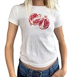 Damen Graphic Y2K Baby Tee Shirt Frucht Muster Kurzarm Stretch Eng T-Shirt Slim Fit Sommer Oberteil 90s Vintage Aesthetic Crop Top (Weiß Granatapfel, S)