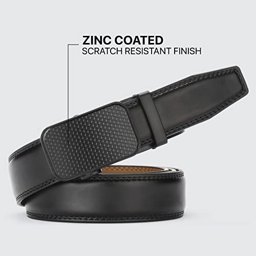 Marino Men’s Genuine Leather Ratchet Dress Belt With Automatic Buckle, Trim to Fit Enclosed in an Elegant Gift Box - Hexagon - Deep Charcoal - Adjustable from 38" to 54" Waist