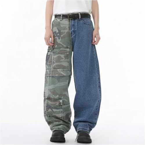 Men Jeans Niche Personalized Camo1 Splicing Two Color Multi Pockets Loose High Street Denim Pants2