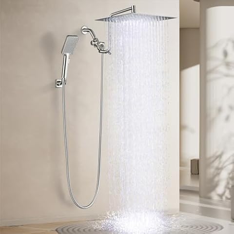 YDmeet 12 Inch Shower Head with Handheld Spray Combo- Rain Shower Head with Handheld- Stainless Steel Height Adjustable 12" Extension Arm with 3 Setting Diverter Extra Long Shower Hose- Brushed Nickel Cover