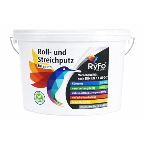RyFo Colors Roll- und Streichputz für innen 20kg (Größe wählbar) - Rollputz für den Innen-Bereich, strahlend weiß mit edler feinkörniger Struktur, einfachste Verarbeitung