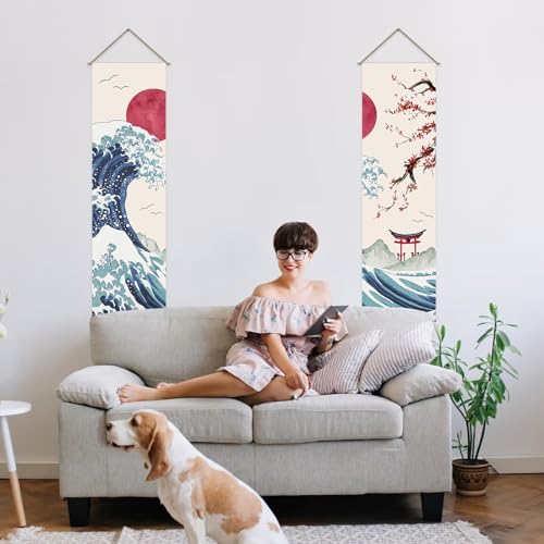AHANDMAKER Packung Mit 2 japanischen Wellen-Wandteppichen, Ozeanwellen-Wandteppich, Rote Sonne & Wellen & Rote Kirschblüten, Quasten-Wandteppich, Wandbehang Für Zimmer, 13 x 51 Zoll